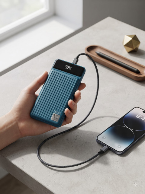 In-Use Lifestyle Product Photography Prompt Handheld Power Bank Charging Smartphone