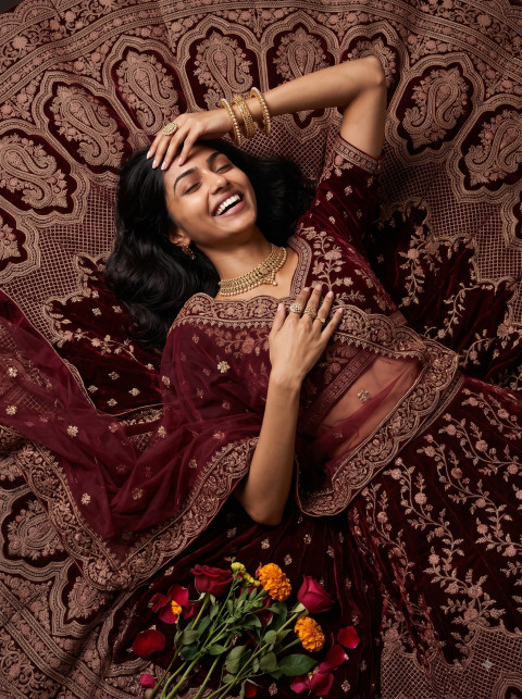 Joyful Indian Bride Overhead Flat Lay Editorial Product Photography Prompt