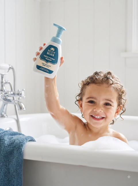 Joyful Toddler Bath Time AI Product Photography Prompt Clawfoot Tub Action