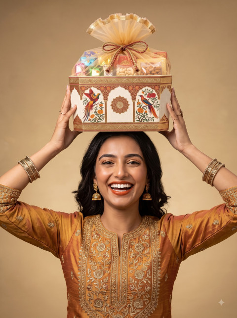 Joyful Woman with Festive Gift Hamper AI Product Photography Prompt Studio Portrait