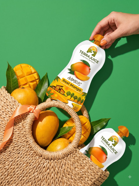 Mango Juice Pouch with Woven Straw Bag Hand Editorial Shot
