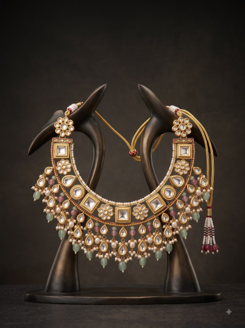 Kundan Choker on Black Sculptural Bust AI Studio Jewelry Product Photography Prompt