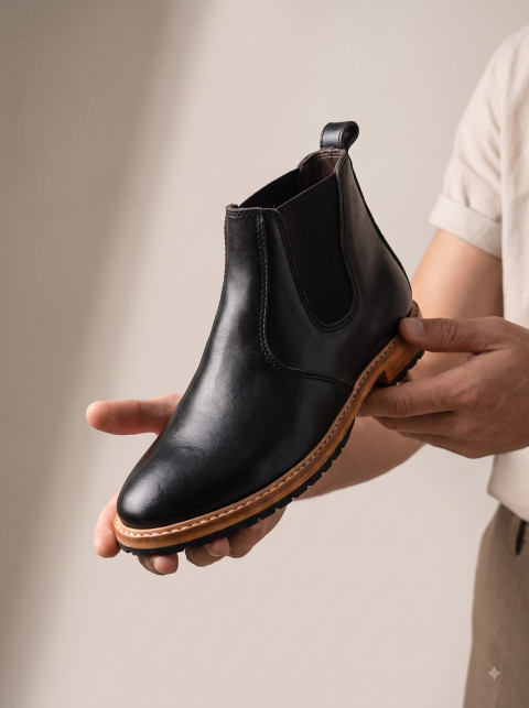 Leather Chelsea Boot Held in Hands Close-Up Packshot