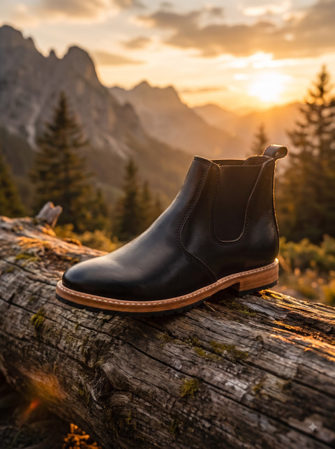 Leather Chelsea Boot on Mossy Log at Mountain Sunset