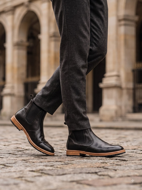 Leather Chelsea Boots Walking Shot on Cobblestone