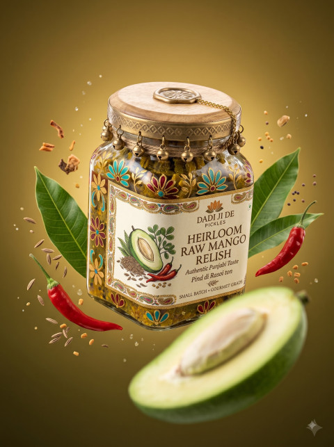 Dadi Ji Pickles Heirloom Raw Mango Relish Artisan Studio Photoshoot Prompt - Primary Shot