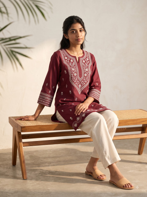 AI Chikankari Kurta Set Photography Prompts | Maroon & Cream Ethnic Wear - Angle 2
