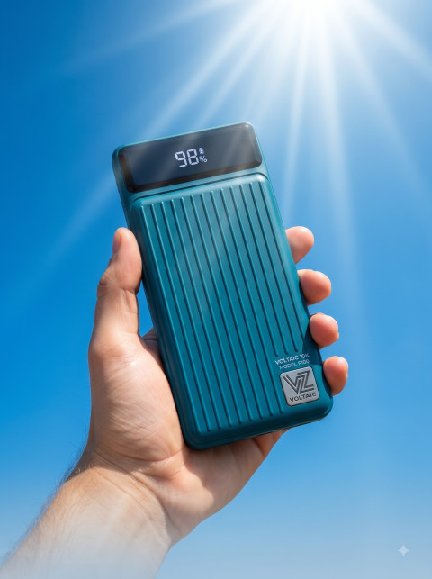 Lifestyle Product Photography Prompt Handheld Power Bank in Direct Sunlight