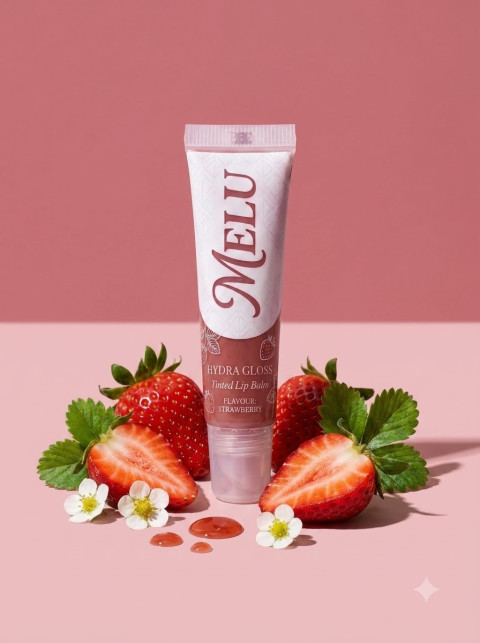 Lip Balm Tube Hero Packshot with Fresh Strawberries