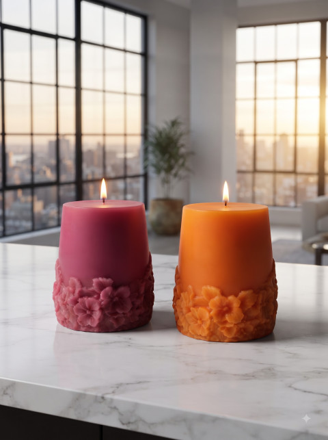 AI Pillar Candle Duo Photography Prompts: Floral Embossed Wax Styles - Primary Shot