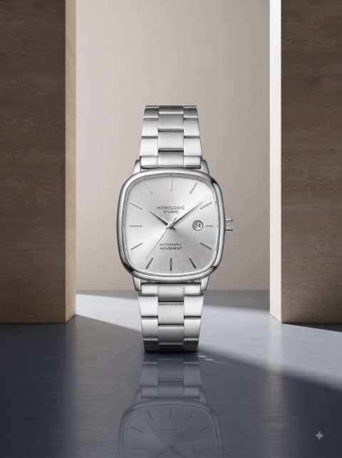 Luxury Cushion Case Watch AI Studio Product Photography Prompt Minimalist Stone Pillars