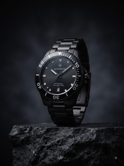 Matte Black Dive Watch Editorial Commercial Photoshoot Prompts - Primary Shot