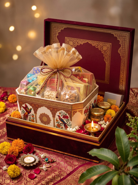 Luxury Diwali Gift Box AI Product Photography Prompt Velvet Hamper Arrangement