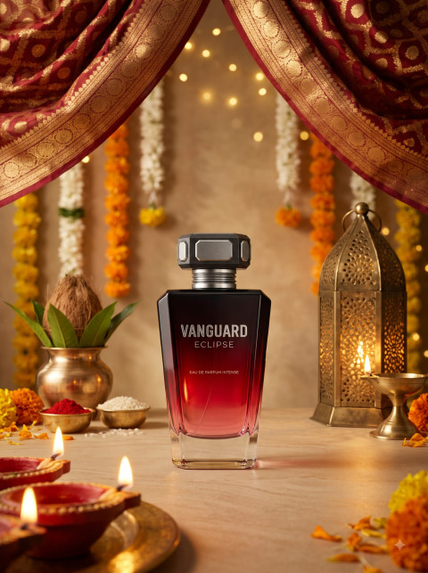 AI Festive Fragrance Photography Prompts Luxury Mens Perfume Packshots and Diwali Campaign Studio Scenes - Angle 3