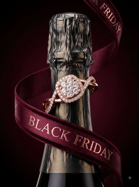 Luxury Jewelry Product Photography Prompt Rose Gold Halo Diamond Ring Champagne Bottle Black Friday 