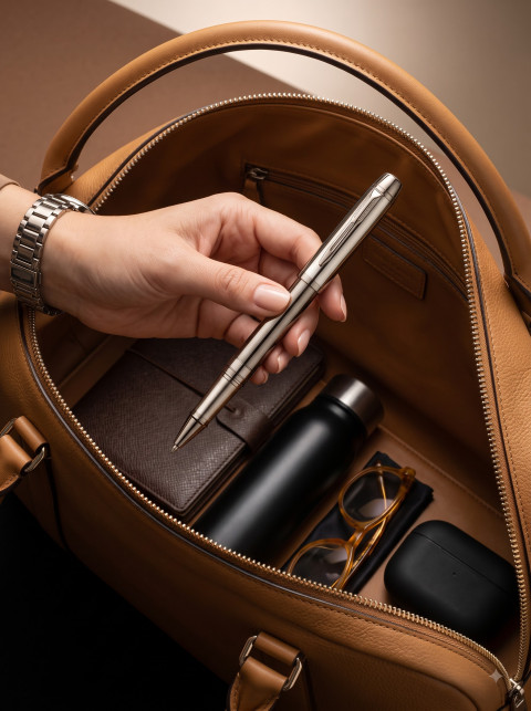 Luxury Lifestyle Editorial Product Photography Prompt Hand Placing Rollerball Pen in Leather Tote