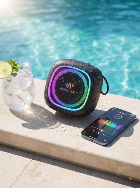 RGB Bluetooth Speaker Commercial Studio and Lifestyle Photoshoot Prompts - Angle 2