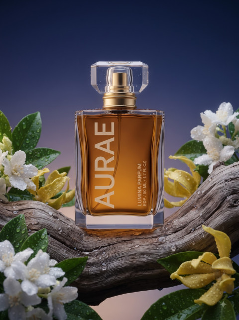Luxury Perfume Bottle on Driftwood with Flowers