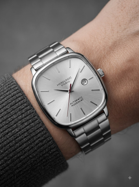 Luxury Steel Watch On Wrist AI Lifestyle Product Photography Prompt Textured Knitwear Cuff