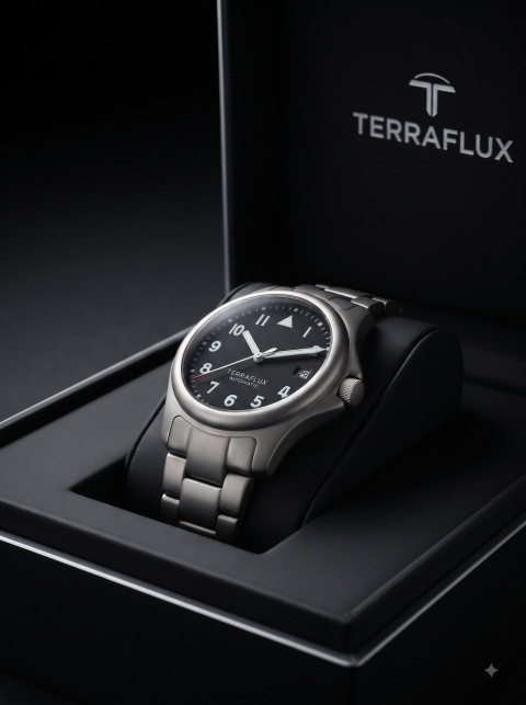 Luxury Studio Product Photography Prompt Matte Titanium Field Watch in Presentation Box
