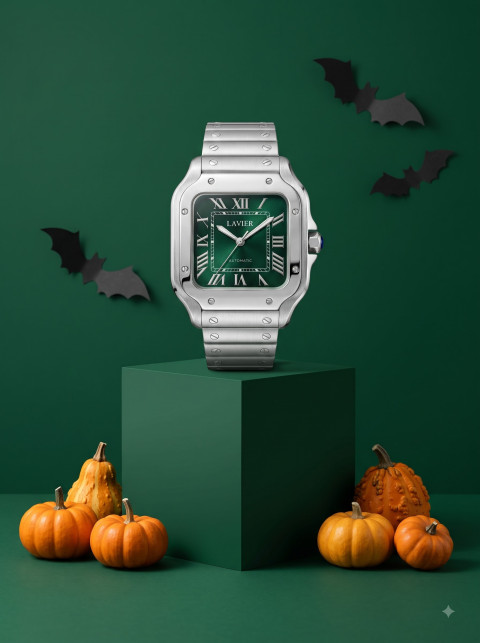 Luxury Watch AI Halloween Product Photography Prompt Miniature Pumpkins Pedestal Display