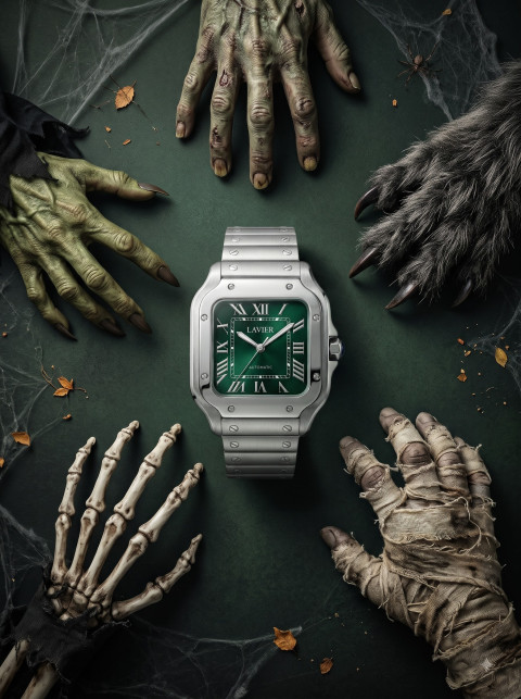 Luxury Watch AI Halloween Product Photography Prompt Monster Hands Overhead Flat Lay