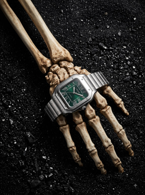 Luxury Watch AI Halloween Product Photography Prompt Skeleton Bones Black Sand Styling