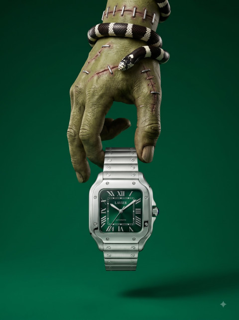 Luxury Watch AI Halloween Product Photography Prompt Stitched Hand And Banded Snake