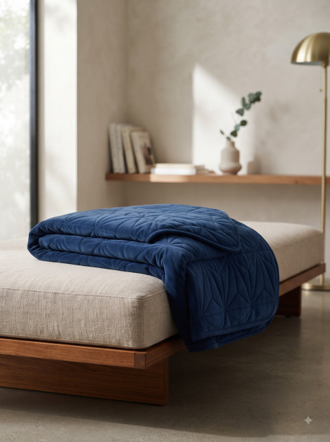 Velvet Blue Quilted Weighted Blanket Luxury Studio & Lifestyle Photoshoot Prompts - Angle 2