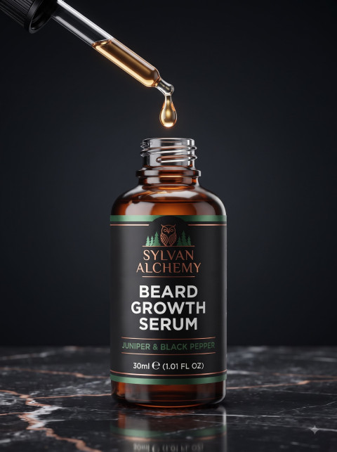 Macro Action Beard Serum AI Product Photography Prompt Floating Droplet Detail