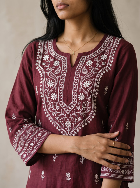 AI Chikankari Kurta Set Photography Prompts | Maroon & Cream Ethnic Wear - Angle 3