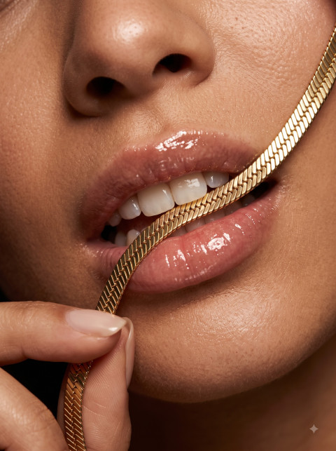 Macro Gold Chain In Mouth Beauty Product Photography Prompt High-Gloss Editorial