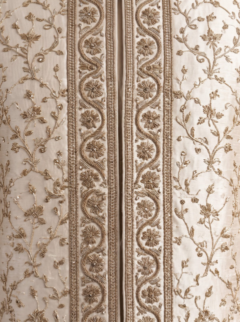 Macro Silk Texture and Gold Zardozi Sherwani AI Product Photography Prompt