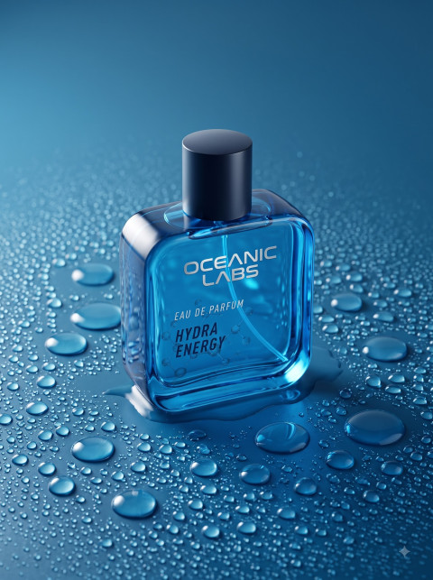 Macro Splash & Water Droplet Product Photography Prompt Translucent Blue Cologne Bottle