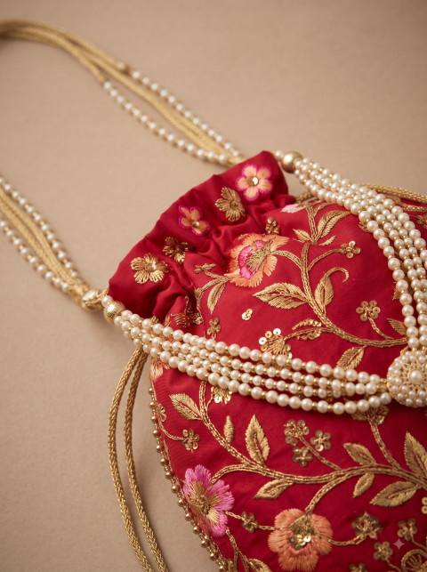 Macro Texture Embroidered Silk Potli Pouch AI Macro Product Photography Prompt