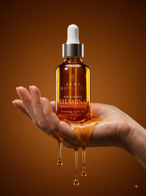 Macro Texture Product Photography Prompt Vitamin C Face Serum Dripping Female Hand