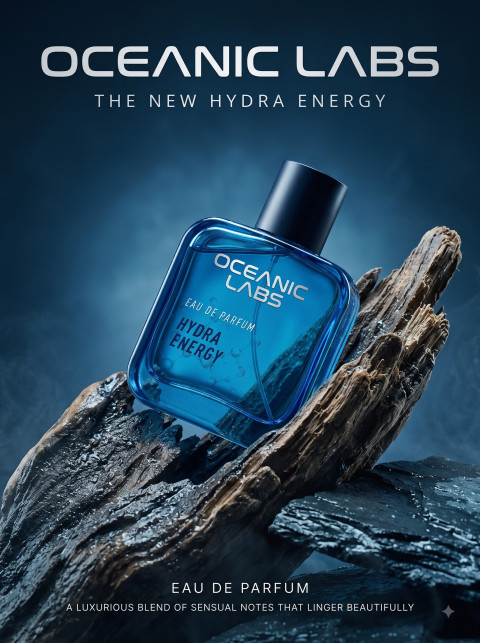 Magazine Hero Banner Product Photography Prompt Blue Cologne on Texturized Wet Timber