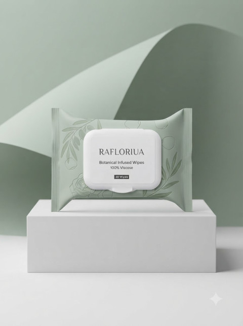 Makeup Wipes Packshot on White Podium with Green Backdrop