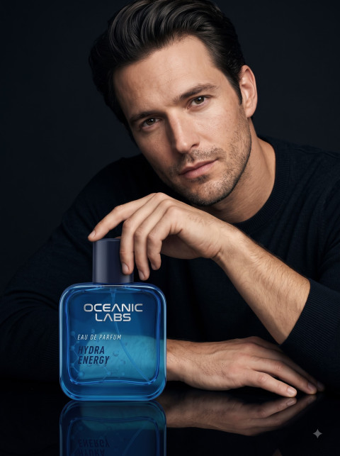 Male Model Advertising Product Photography Prompt Handsome Man with Azure Fragrance Flacon