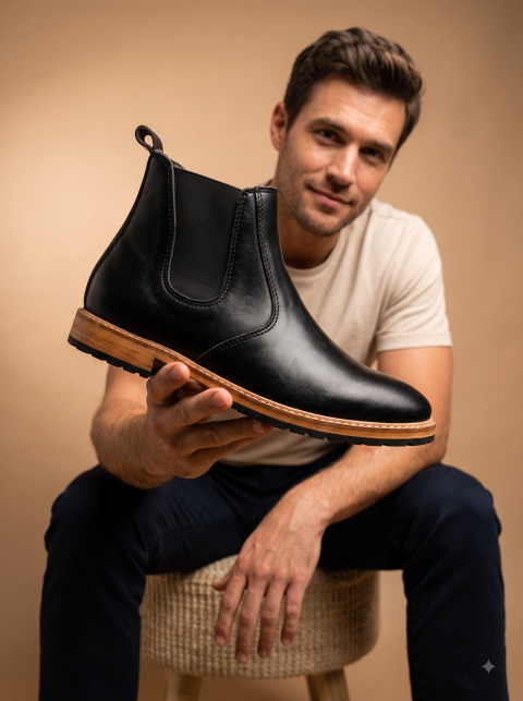 Male Model Presenting Chelsea Boot in Studio Portrait