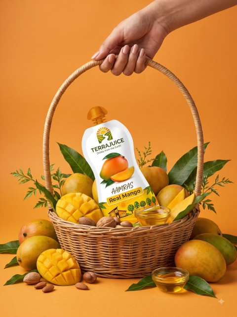 Mango Juice Pouch in Wicker Basket with Fresh Harvest