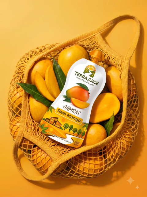 Mango Juice Pouch with Fresh Fruit in Yellow Mesh Bag