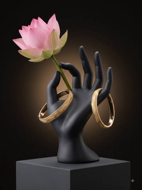 Matte Black Sculpture Hand Lotus Gold Bangles Creative Product Photography Prompt