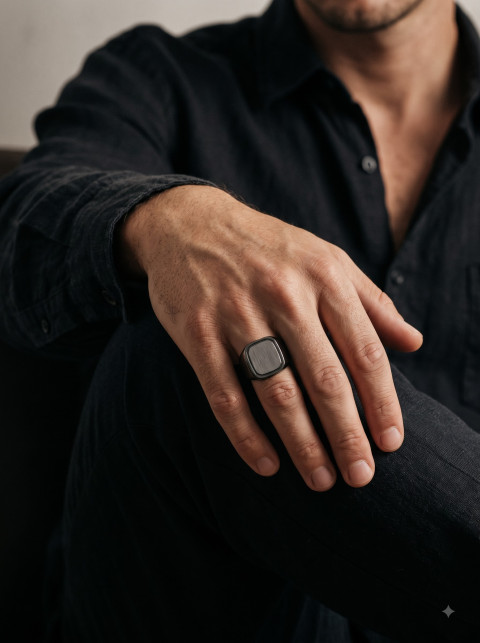 Matte Finish Signet Ring Styled with Black Linen Shirt Lifestyle Product Photography Prompt