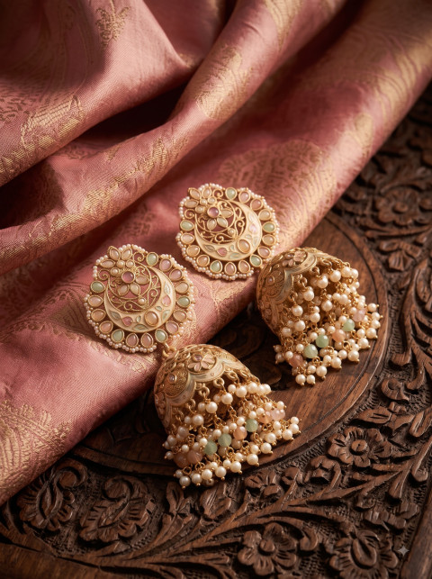 Meenakari Pearl Jhumka Earrings Textured Silk Product Photography Prompt