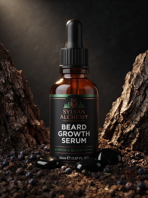 AI Beard Growth Serum Photography Prompts with Rustic Elements - Primary Shot