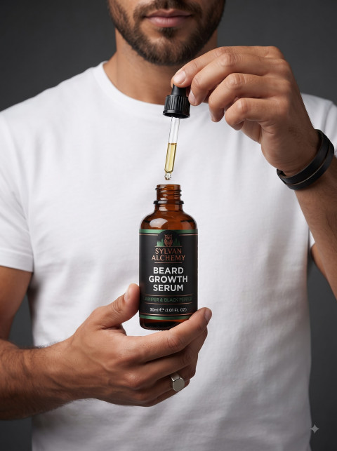 Men Lifestyle Grooming Beard Serum AI Product Photography Prompt Hands-On Model Demo