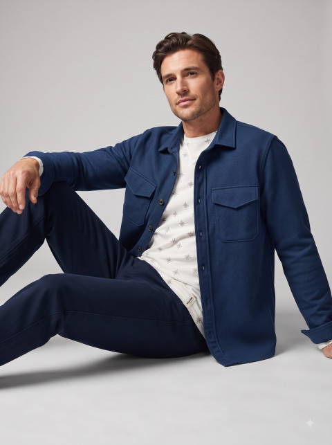 Mens Blue Overshirt Seated Studio Shot