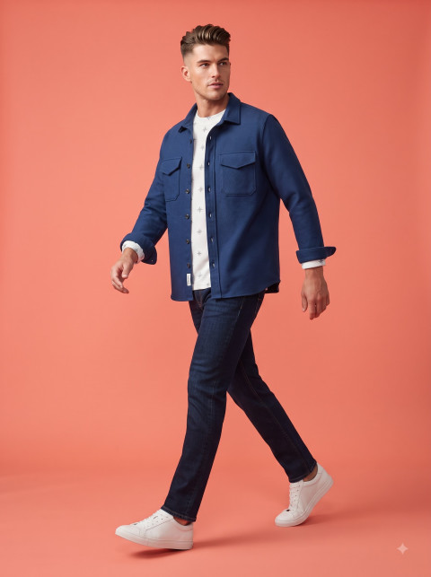 Mens Blue Overshirt Walking Model