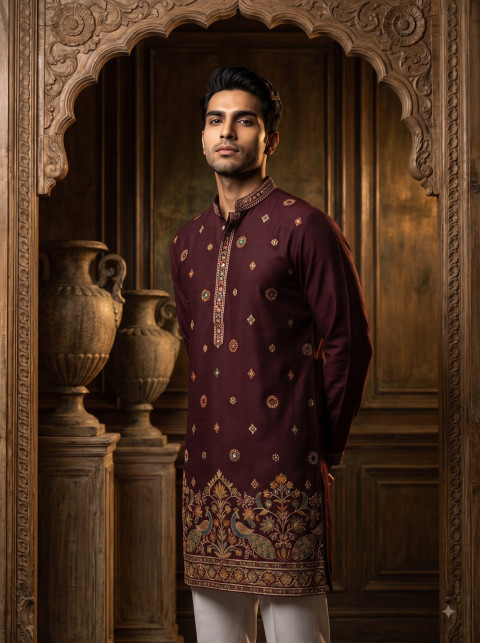 Men's Burgundy Embroidered Kurta Editorial Fashion Photography Prompt